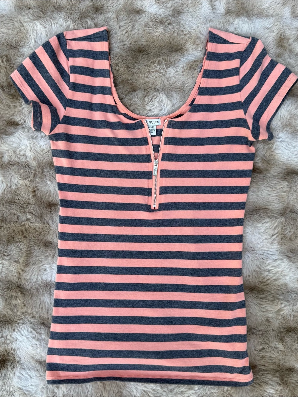 GUESS Striped Short Sleeve Zip-Front Tee